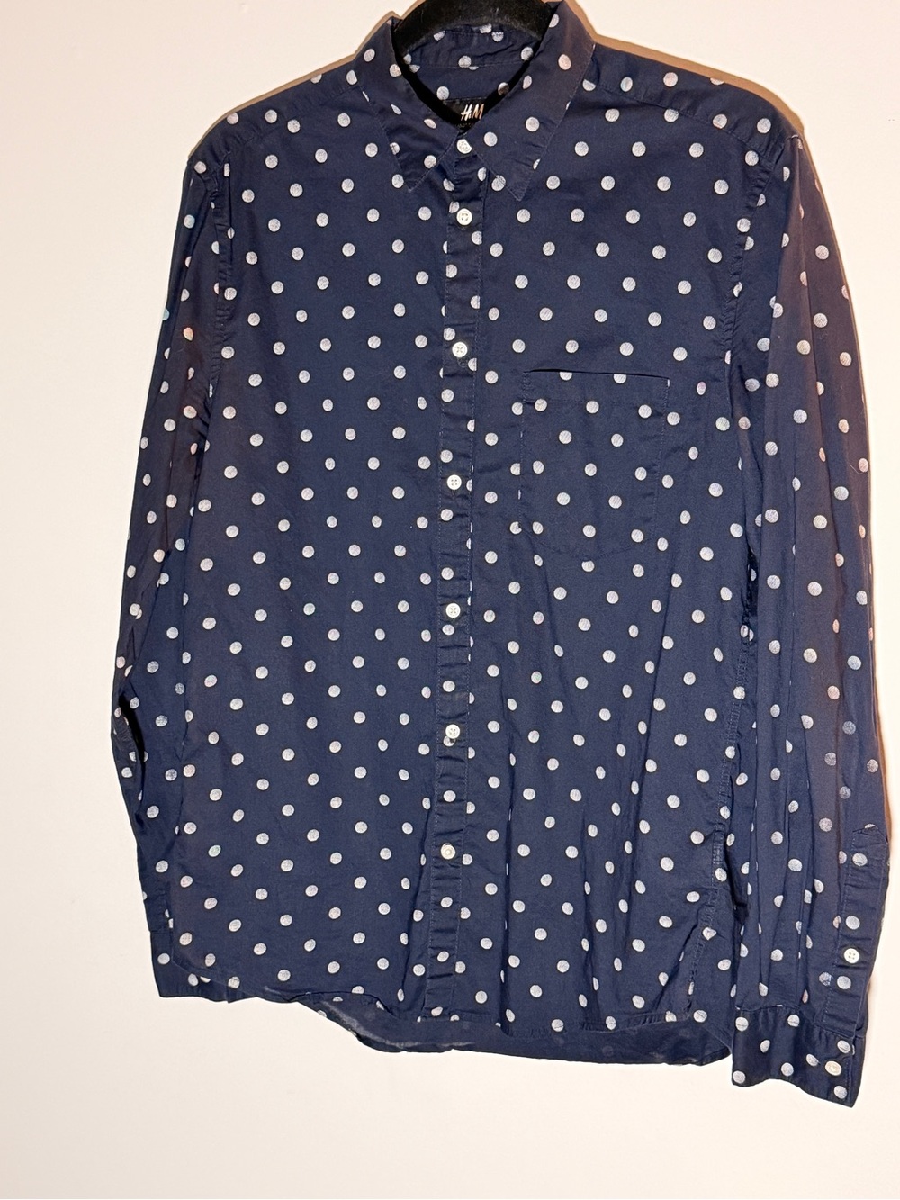 H&M Navy Blue Button-Down Shirt with White Polka Dots